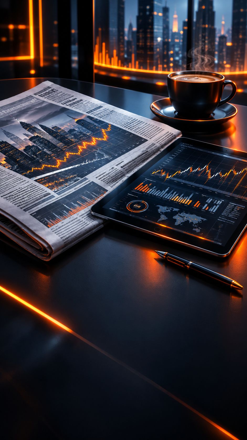 Financial newspaper tablet with charts and coffee on a desk