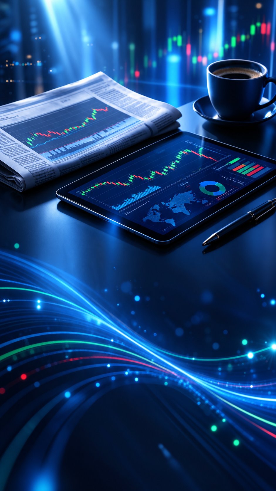 Financial newspaper tablet with charts and coffee on a desk