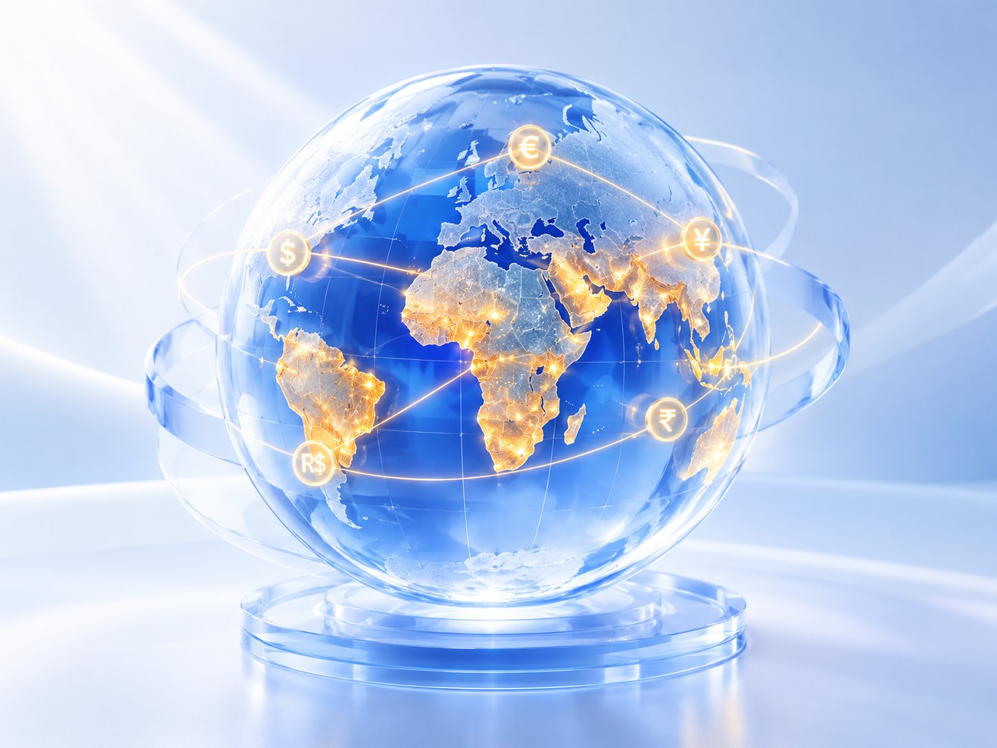 Globe highlighting emerging market regions with glowing currency lines