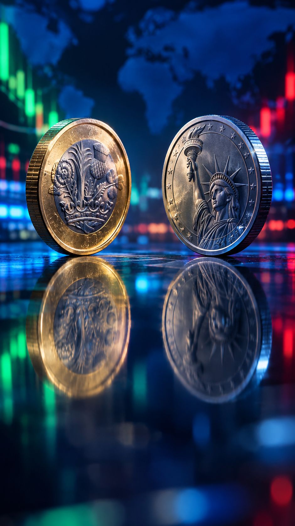 British pound coin and a us dollar coin facing each other on a reflective surface